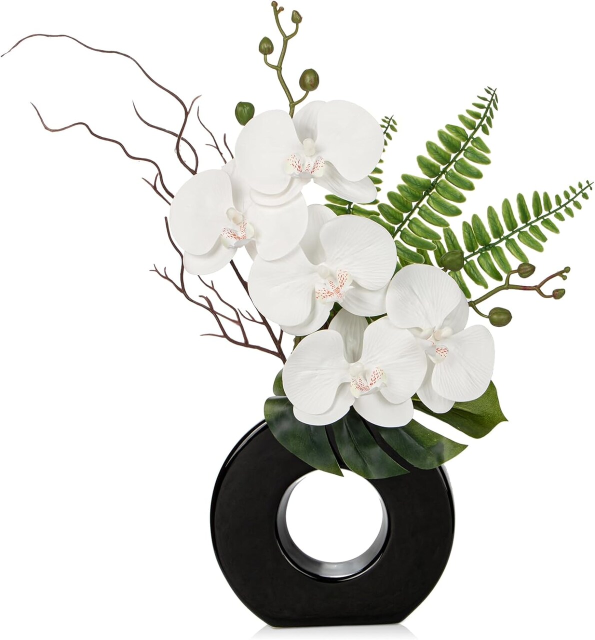 Orchid Fake Flowers 16.1'' White Artificial Orchid Silk Flowers in Black Pot Faux Orchid Arrangement for Home Office Desk Modern Decoration